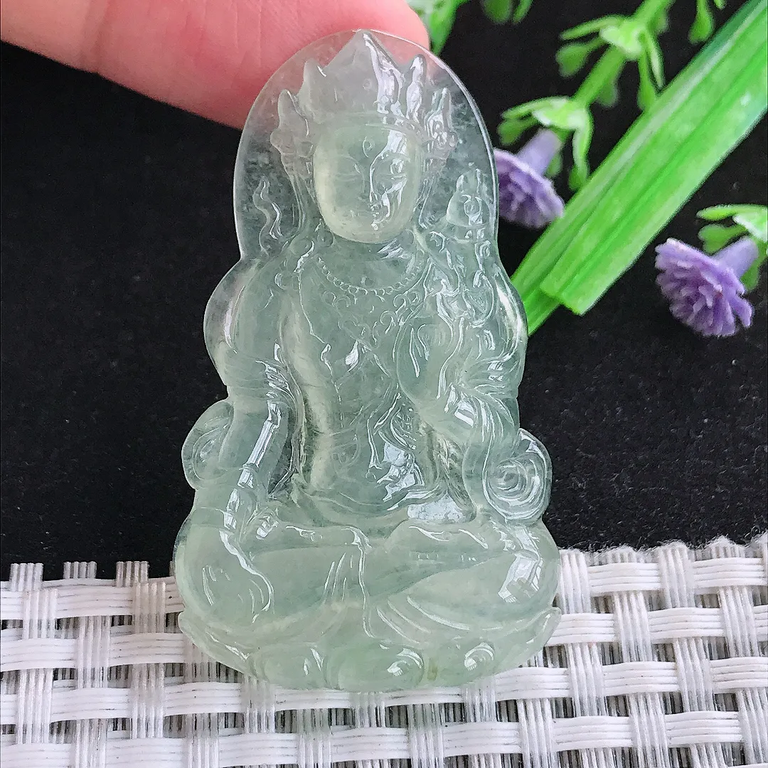 自然光49.7/29.2/5.2老坑冰种果冻胶冰晴满绿渡母菩萨吊坠翡翠玉石挂件