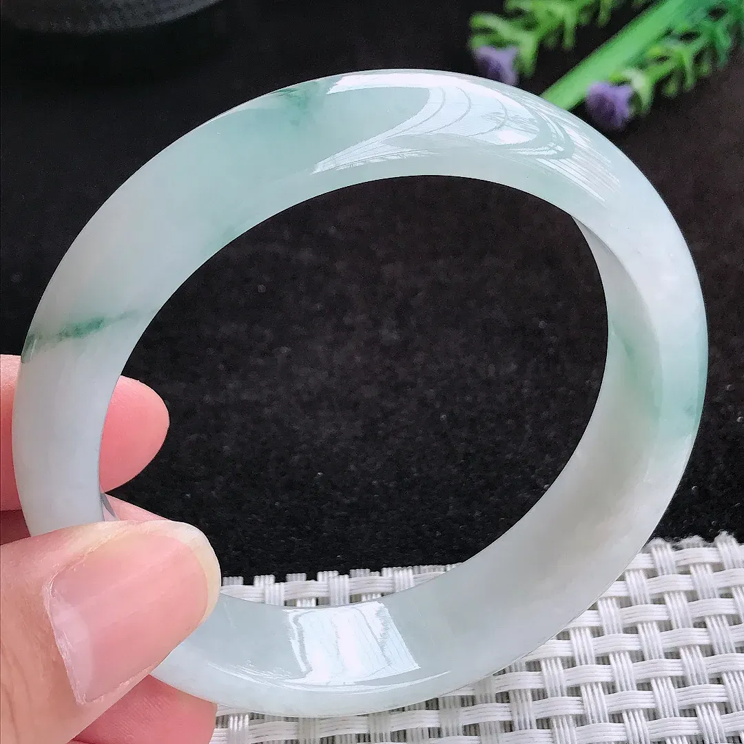 自然光59.5/15.7/8老坑冰胶水灵飘花宽边手镯天然翡翠玉镯女款