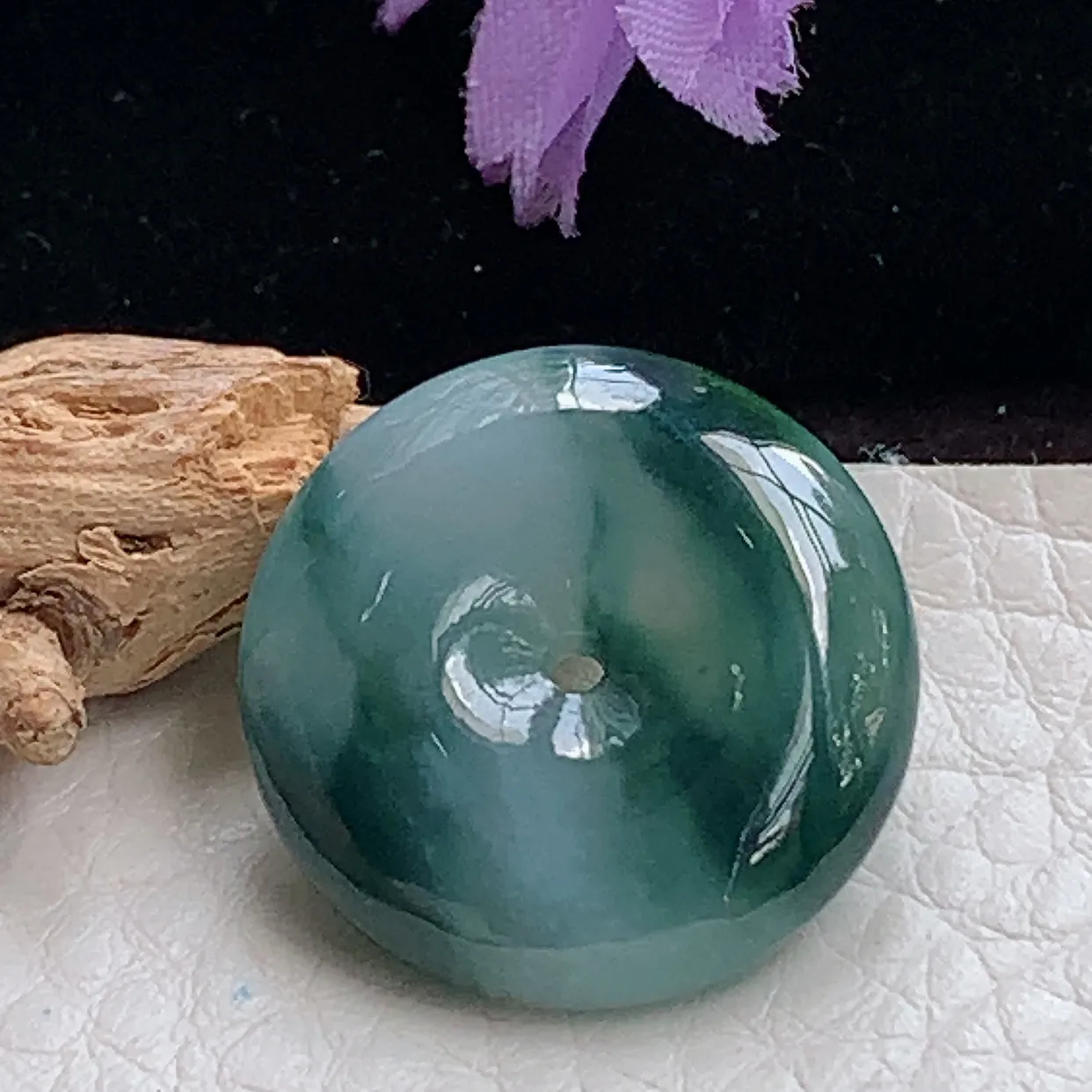 zzx实拍21.5*5.3缅甸翡翠精雕飘水墨款平安扣 玉扣玉吊坠 玉挂件