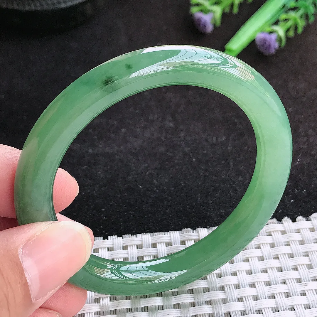 自然光51.5/8.8老坑冰胶果冻满绿小圈口圆条手镯天然翡翠玉镯女款