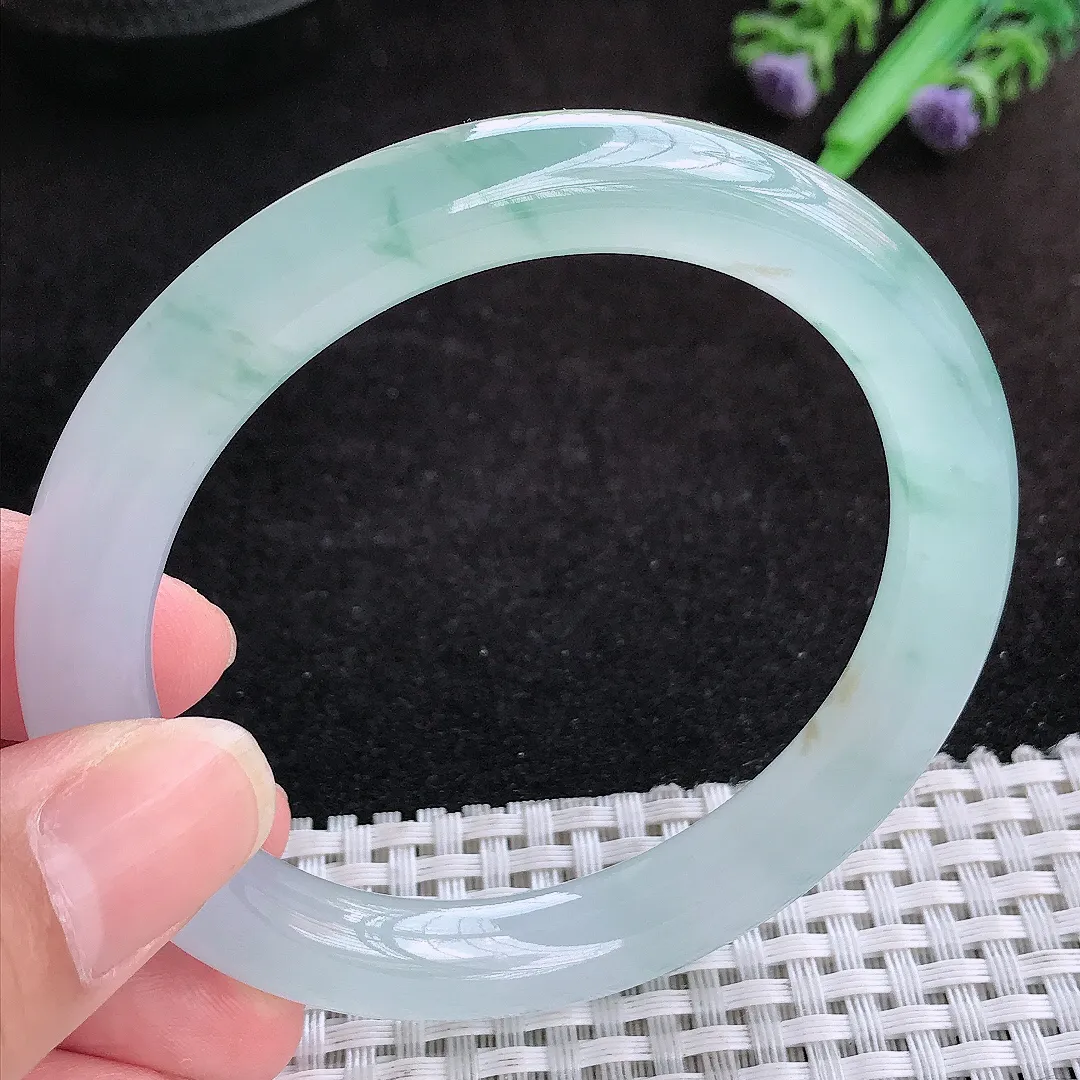 自然光57.8/9.8/9.5老坑冰透果冻胶冰飘花圆条手镯天然翡翠玉镯女款