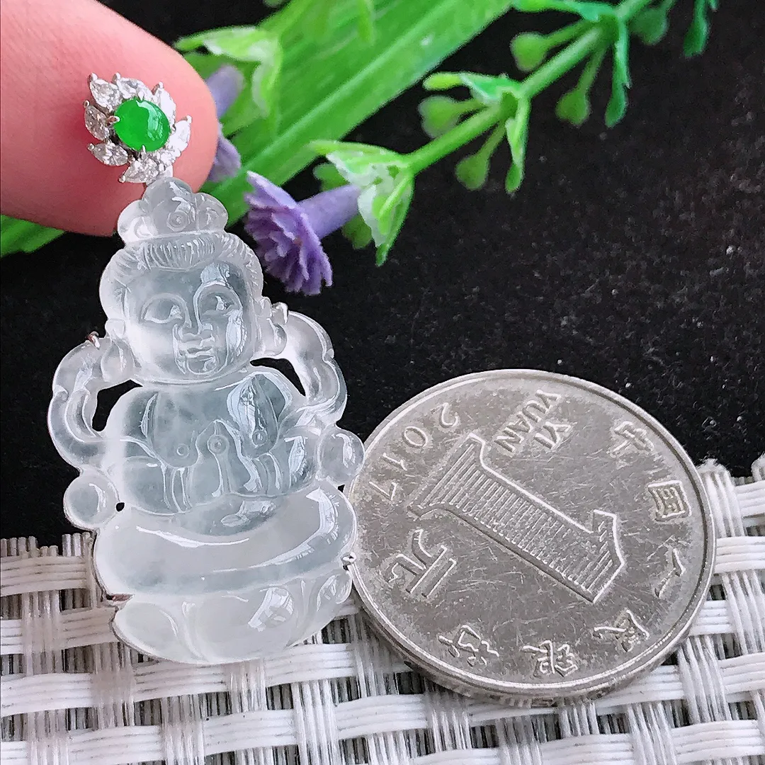 自然光39/19.5/7.5老坑18k金镶嵌冰种起光观音菩萨吊坠翡翠玉石挂件