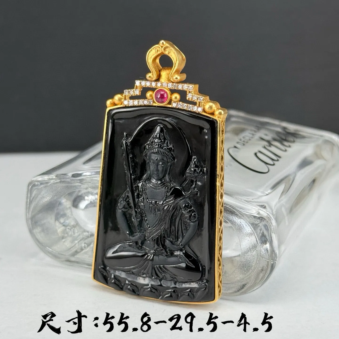 精品18k墨翠虚空藏菩萨 种好色正 黑度极好 打灯通透 油性十足 尺寸55.8