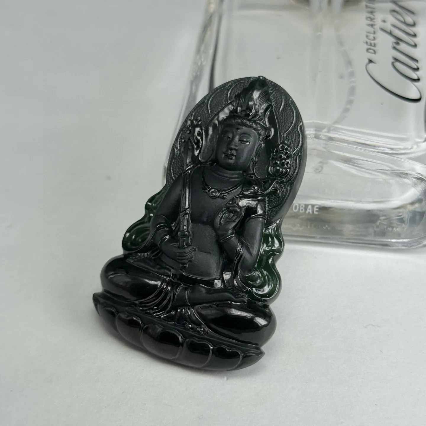 精品墨翠虚空藏菩萨 种好色正 打灯通透 油性十足 尺寸57.2