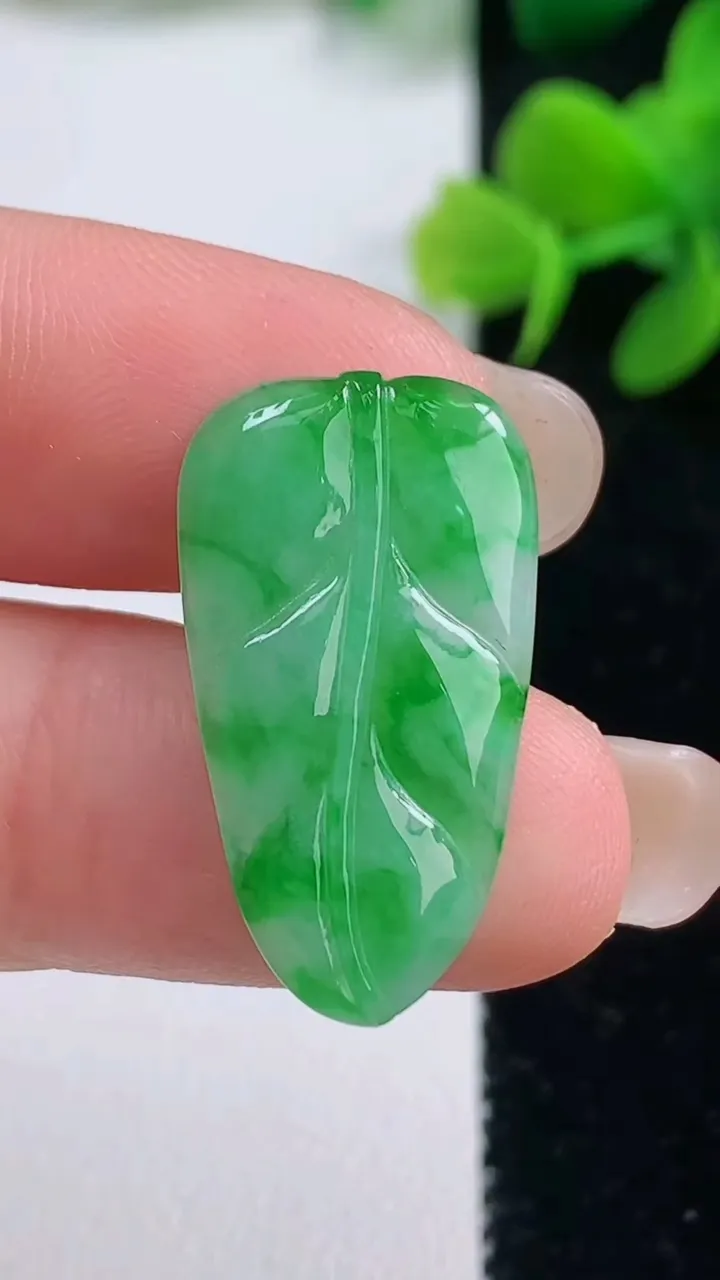 天然A货翡翠金枝玉叶 叶子吊坠，尺寸25.6-14-1.7，重量:1.57g
9月3日