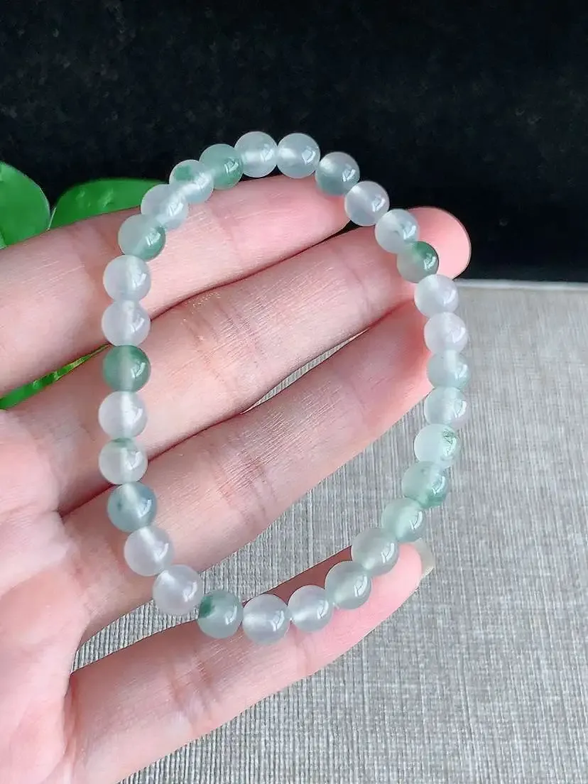 a货翡翠老坑冰种飘花圆珠佛珠手串30颗 尺寸6mm 重量12.35g 0905