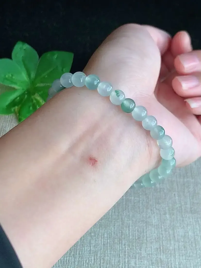 a货翡翠老坑冰种飘花圆珠佛珠手串30颗 尺寸6mm 重量12.35g 0905