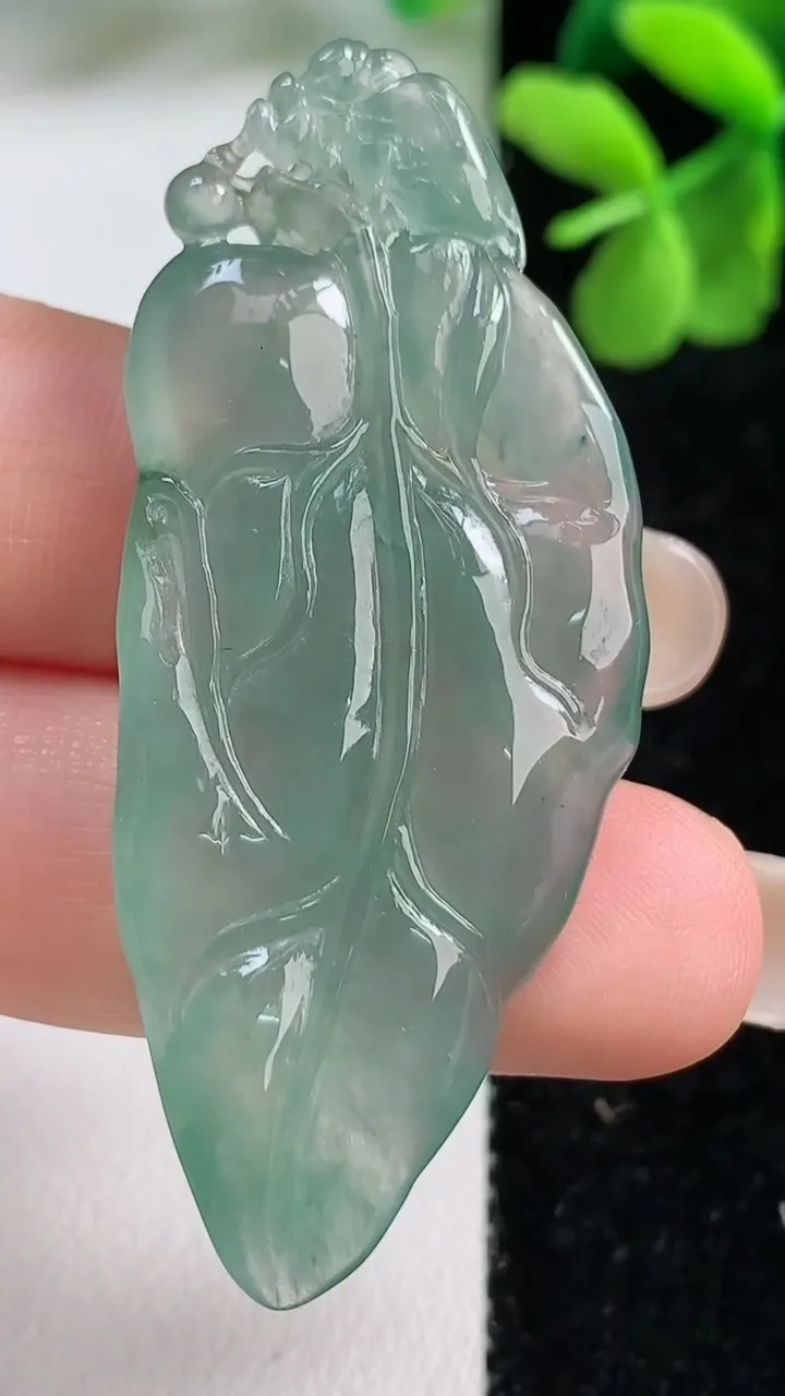 天然A货翡翠树叶吊坠，尺寸52-21.2-4.3，重量:9.55g
9月9日