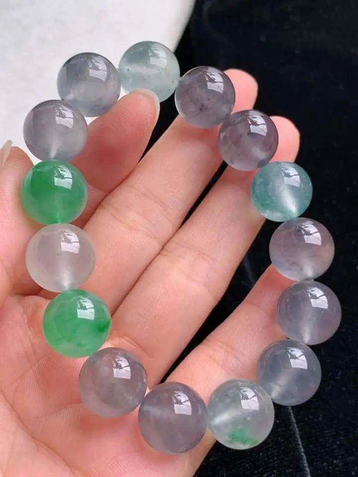 a货翡翠老坑高冰种飘绿乌鸡种圆珠佛珠手串15颗，尺寸13mm 重量60.48g 0909