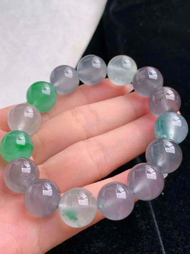 a货翡翠老坑高冰种飘绿乌鸡种圆珠佛珠手串15颗，尺寸13mm 重量60.48g 0909