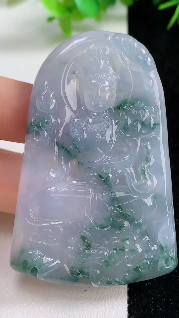 天然A货翡翠种紫罗兰飘花文殊菩萨吊坠，尺寸62.2-40.3-5.7，重量:30.47g
9月10日