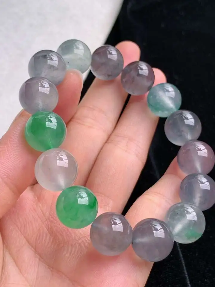 a货翡翠老坑高冰种飘绿乌鸡种圆珠佛珠手串15颗，尺寸13mm 重量60.48g 0909