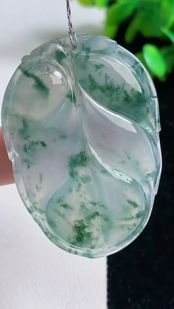 天然A货翡翠种飘花金枝玉叶 叶子吊坠，尺寸48.8-34-5.8，重量:17.62g
9月11日