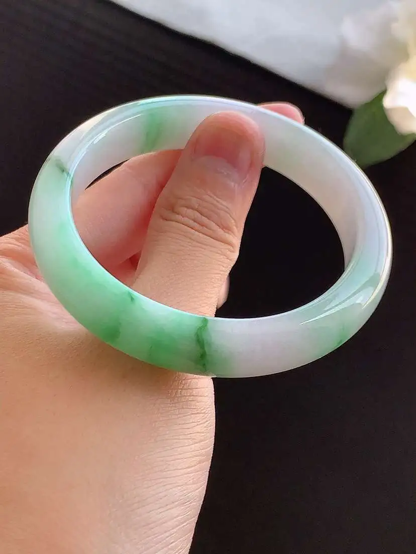 a货翡翠老坑冰种飘绿正装正圈手镯54-55圈口  尺寸54.5×11.7×7.5mm 重量49.18g 0911