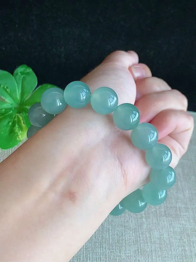 a货翡翠老坑冰种晴水飘花圆珠佛珠手串16颗  尺寸12.8mm 重量59.00g 0912