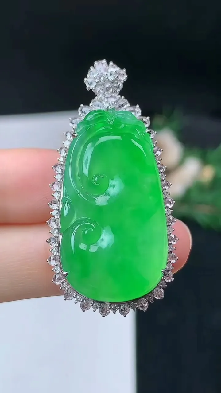 天然A货翡翠如意吊坠，尺寸43.2-21.4-10，裸石31.3-17.2，重量:10.00g
9月
