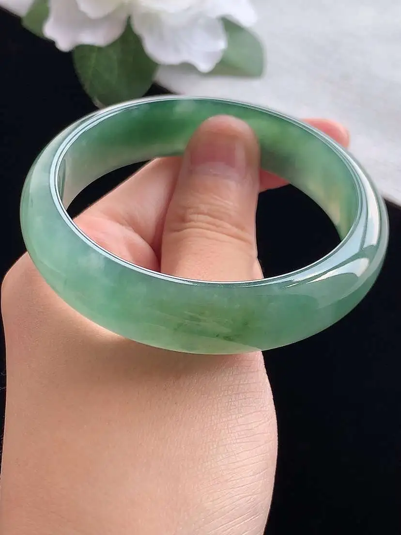 a货翡翠老坑冰种飘花正装正圈手镯54-55圈口  尺寸54.8×13.8×7mm 重量51.33g 0913