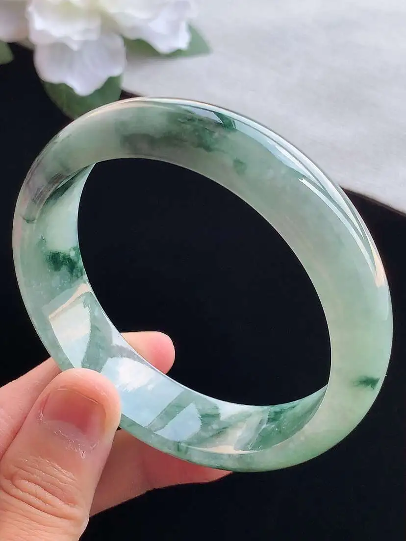 a货翡翠老坑冰种飘花轮胎边宽边正装正圈手镯59-60大圈口 尺寸59.8×16.2×7.5mm 重量68.00g 0913
