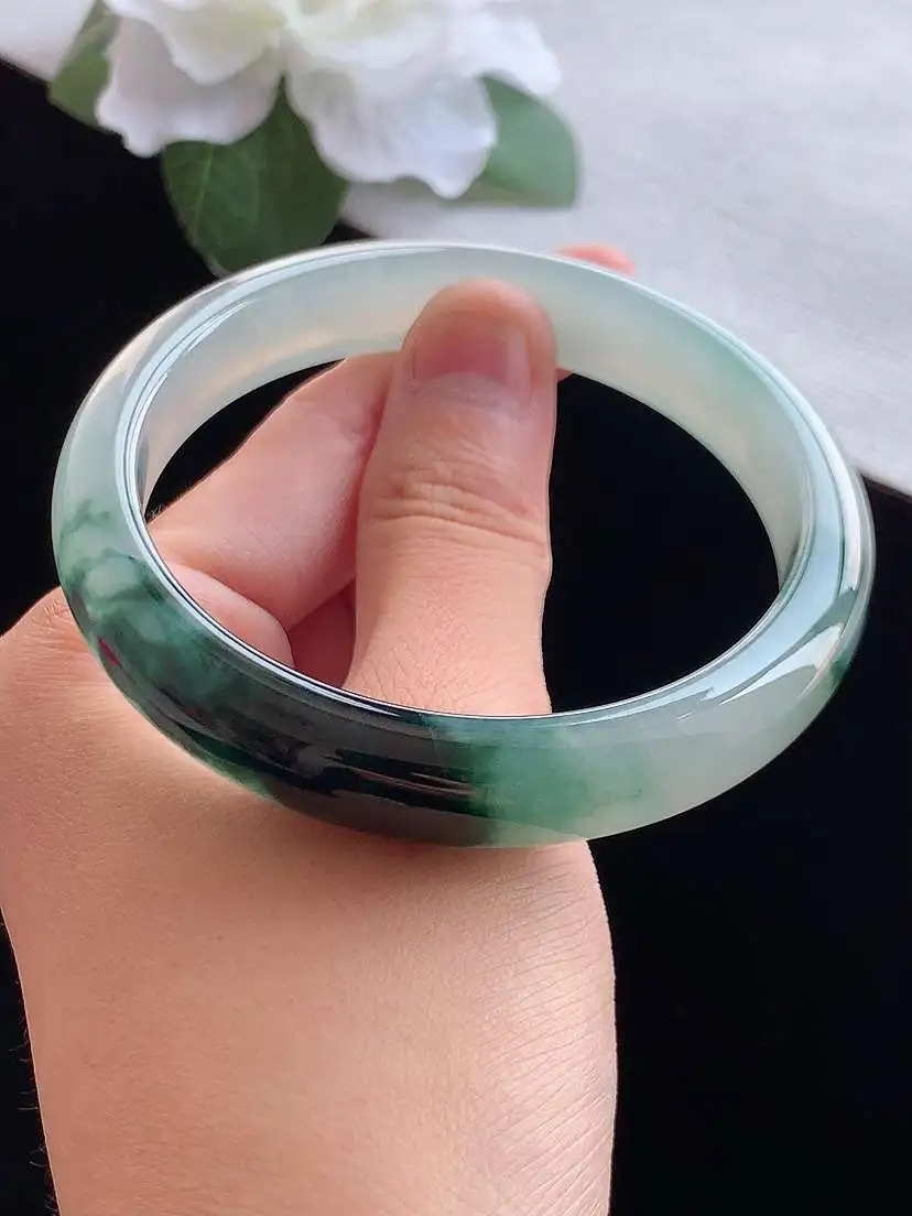 a货翡翠老坑冰种飘花正装正圈手镯58-59圈口  尺寸58.8×11.3×7.6mm 重量50.35g 0913