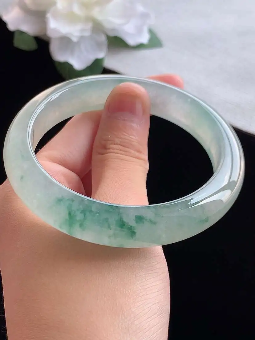 a货翡翠老坑冰种飘花正装正圈手镯58-59圈口  尺寸58×12.8×8.3mm 重量60.10g 0913