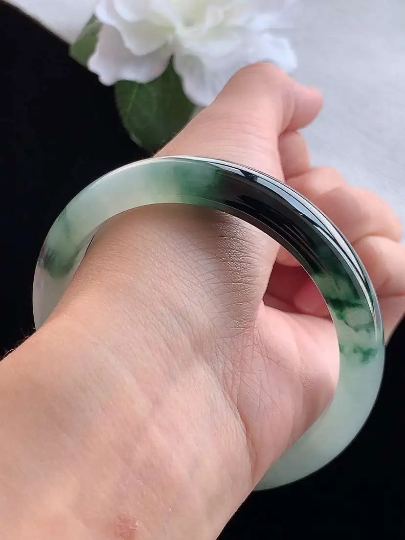 a货翡翠老坑冰种飘花正装正圈手镯58-59圈口  尺寸58.8×11.3×7.6mm 重量50.35g 0913