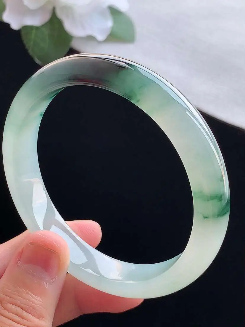 a货翡翠老坑冰种飘花正装正圈手镯58-59圈口  尺寸58.8×11.3×7.6mm 重量50.35g 0913