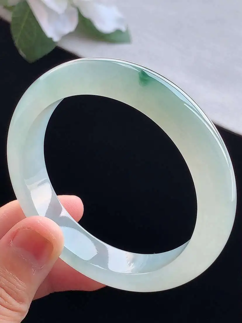 a货翡翠老坑冰种飘花正装正圈手镯54-55圈口 尺寸54.5×12×8mm 重量53.93g 091