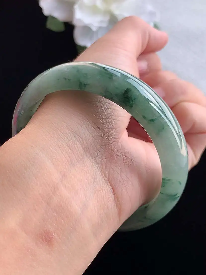 a货翡翠老坑冰种飘花轮胎边宽边正装正圈手镯59-60大圈口 尺寸59.8×16.2×7.5mm 重量68.00g 0913
