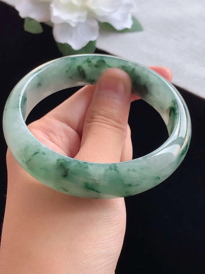 a货翡翠老坑冰种飘花轮胎边宽边正装正圈手镯59-60大圈口 尺寸59.8×16.2×7.5mm 重量68.00g 0913