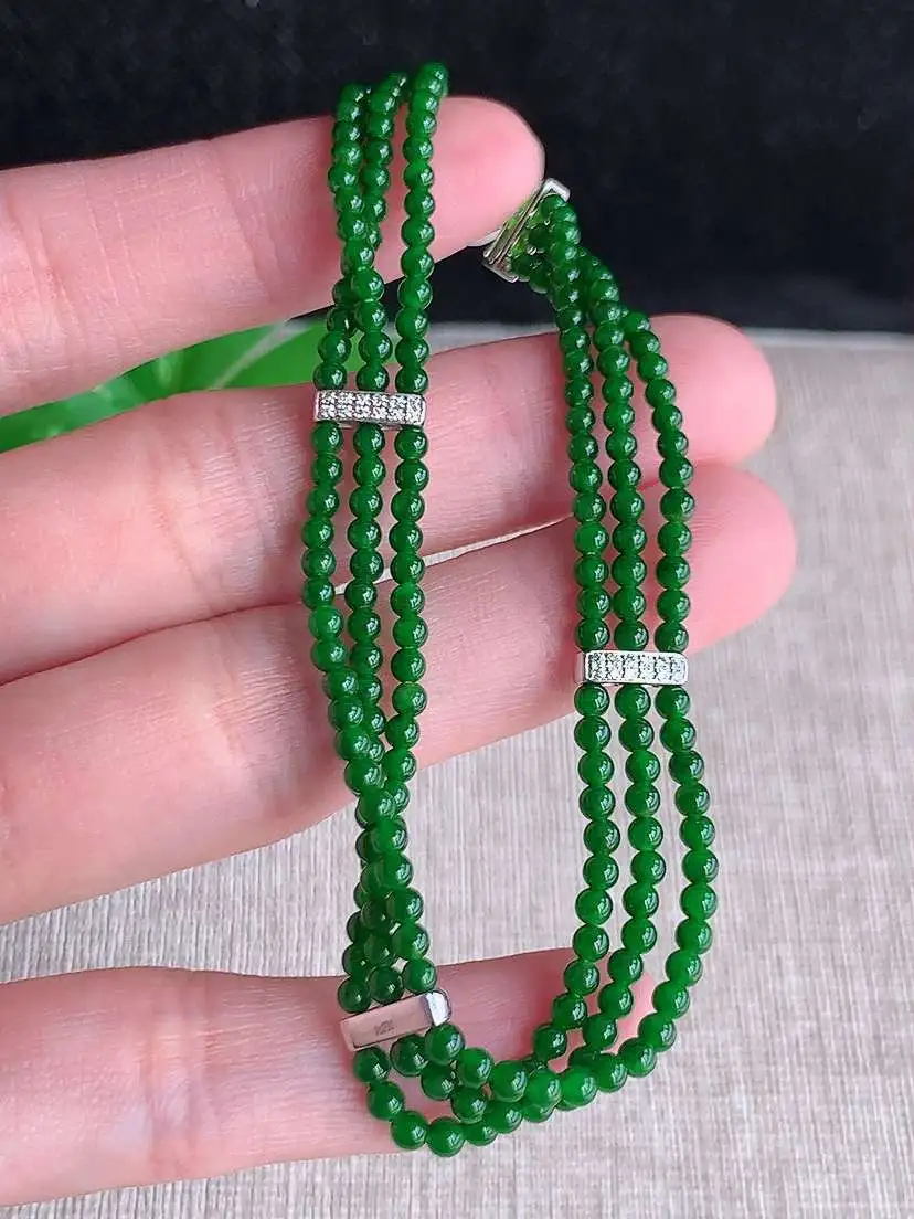 a货翡翠老坑冰种18K金镶嵌满绿圆珠小米珠手串  尺寸2.3mm 重量7.10g 0914
