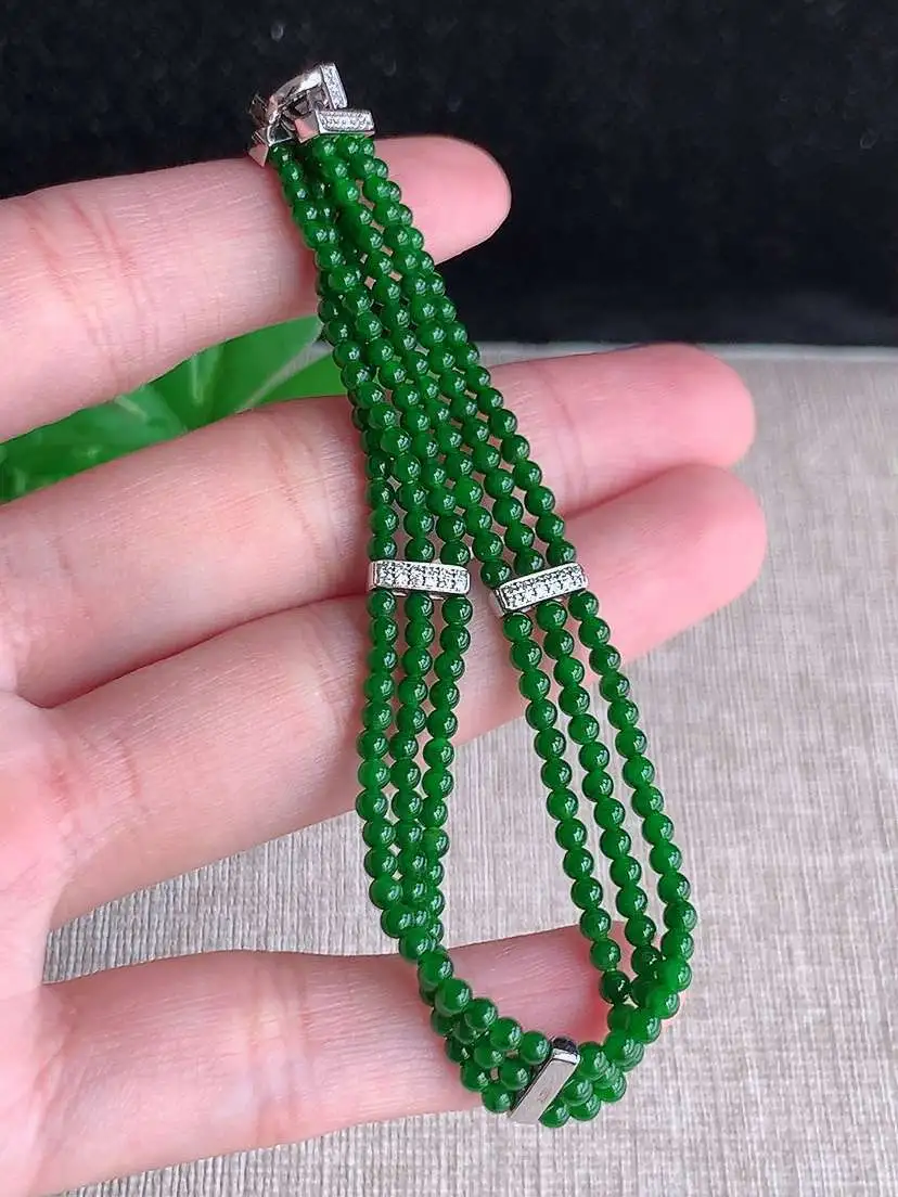 a货翡翠老坑冰种18K金镶嵌满绿圆珠小米珠手串  尺寸2.3mm 重量7.10g 0914