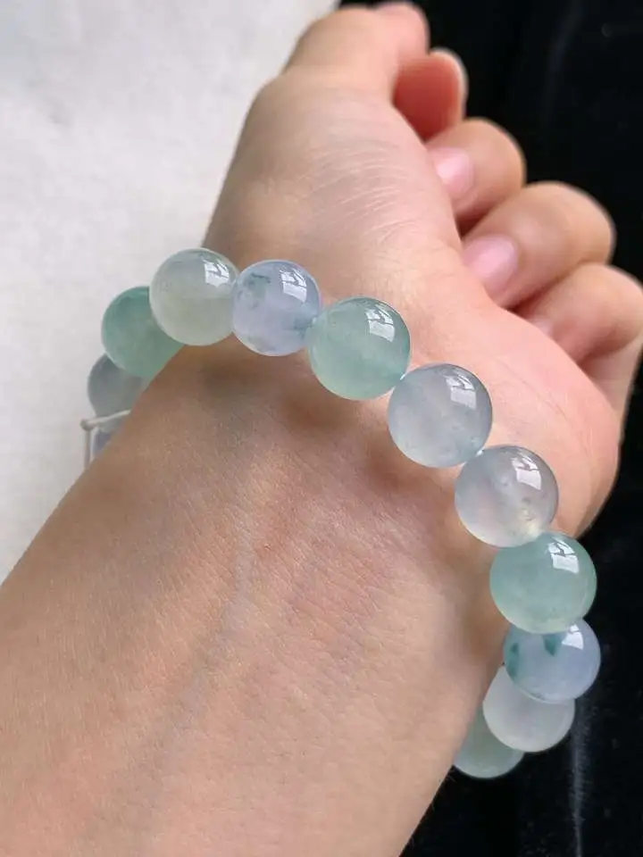 a货翡翠老坑冰种多彩马卡龙圆珠佛珠手串18颗 尺寸10.4mm 重量37.18g 0912