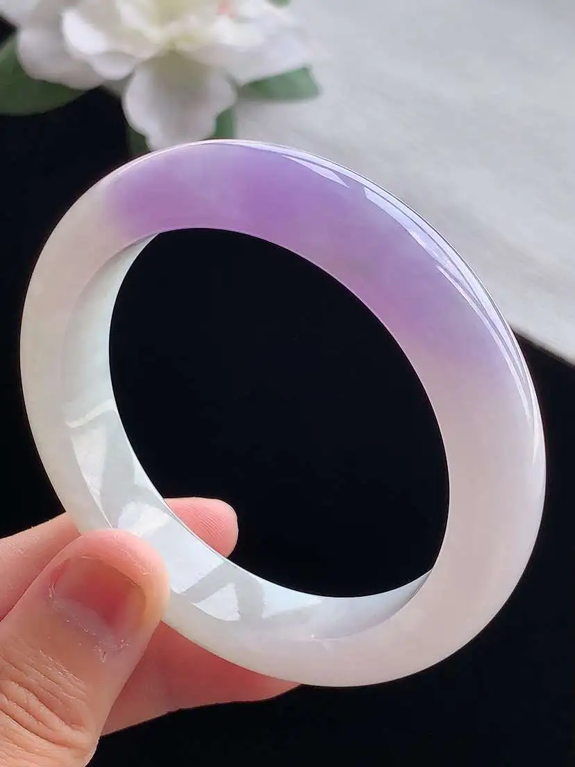 a货翡翠老坑冰种紫罗兰正装正圈手镯55-56圈口  尺寸55.5×12.4×8.8mm 重量62.7