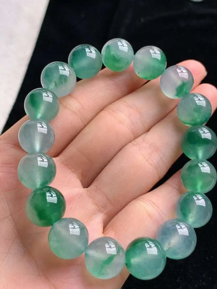 a货翡翠老坑高冰种冰飘花圆珠佛珠手串17颗 尺寸12.2mm 重量52.60g 0912