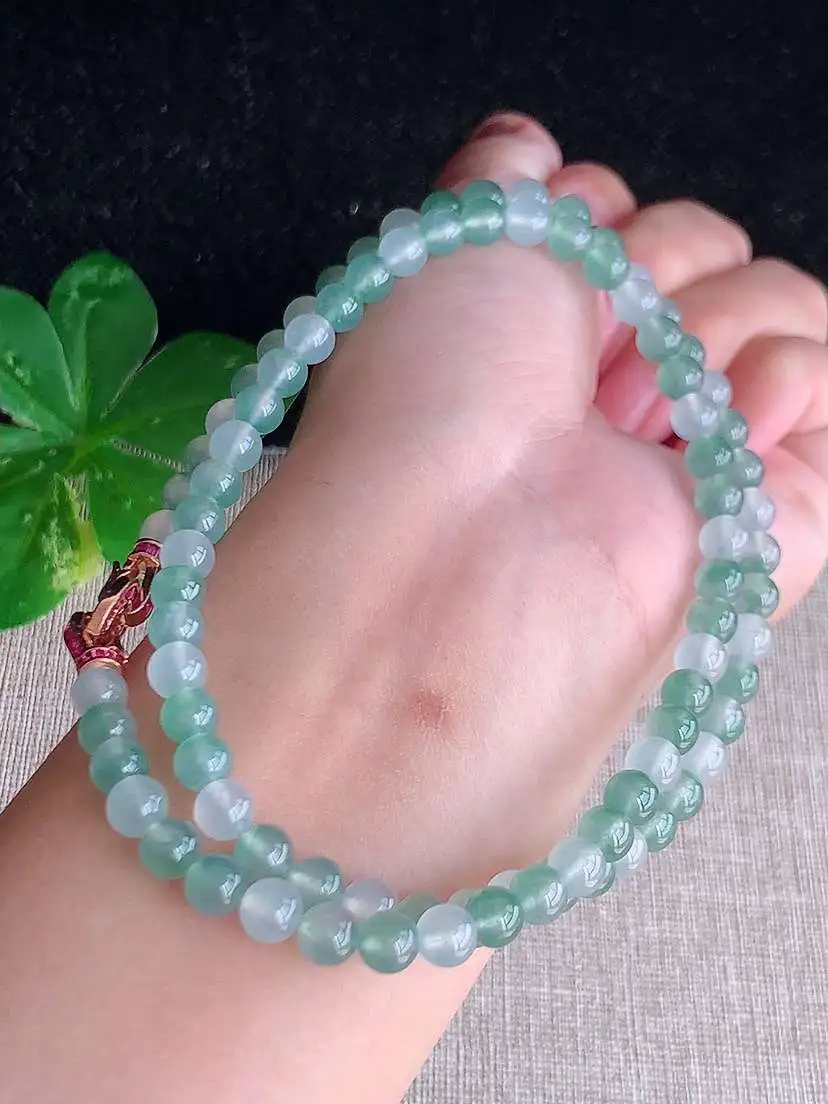 a货翡翠老坑冰种飘花圆珠项链毛衣链88颗  尺寸5.8mm 重量32.90g 0914