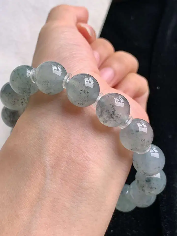 a货翡翠老坑冰种乌鸡种圆珠佛珠手串16颗  尺寸12.8mm 重量62.06g 0912