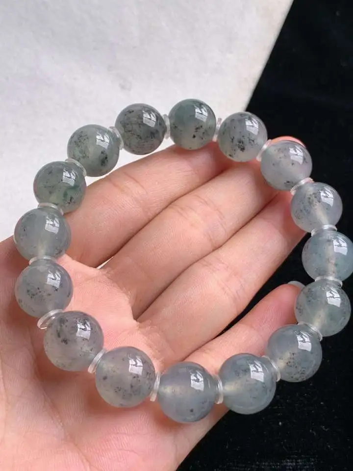 a货翡翠老坑冰种乌鸡种圆珠佛珠手串16颗  尺寸12.8mm 重量62.06g 0912