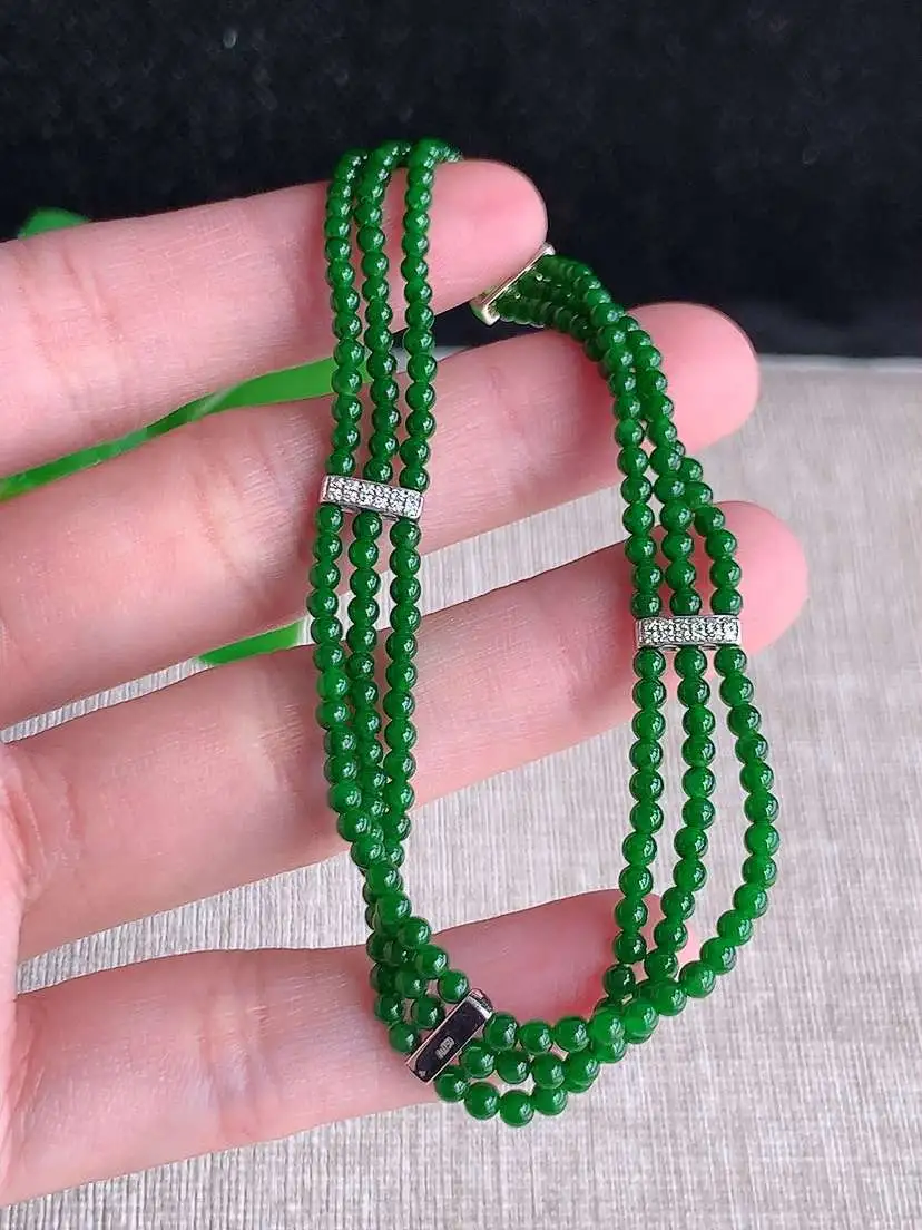 a货翡翠老坑冰种18K金镶嵌满绿圆珠小米珠手串  尺寸2.3mm 重量7.10g 0914