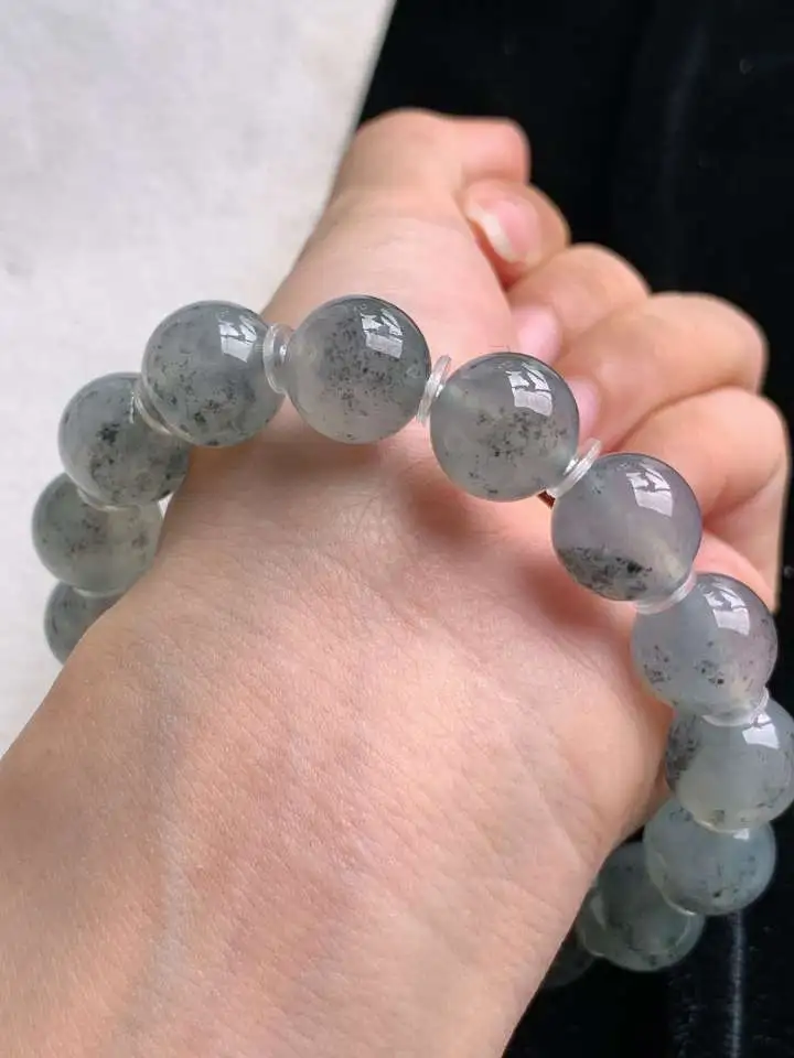 a货翡翠老坑冰种乌鸡种圆珠佛珠手串16颗  尺寸12.8mm 重量62.06g 0912