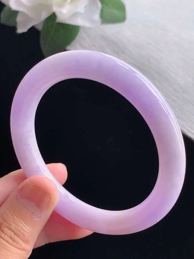 a货翡翠老坑冰润紫罗兰飘黄翡圆条手镯53-54圈口 尺寸53.5×8.8mm 重量41.46g 0916