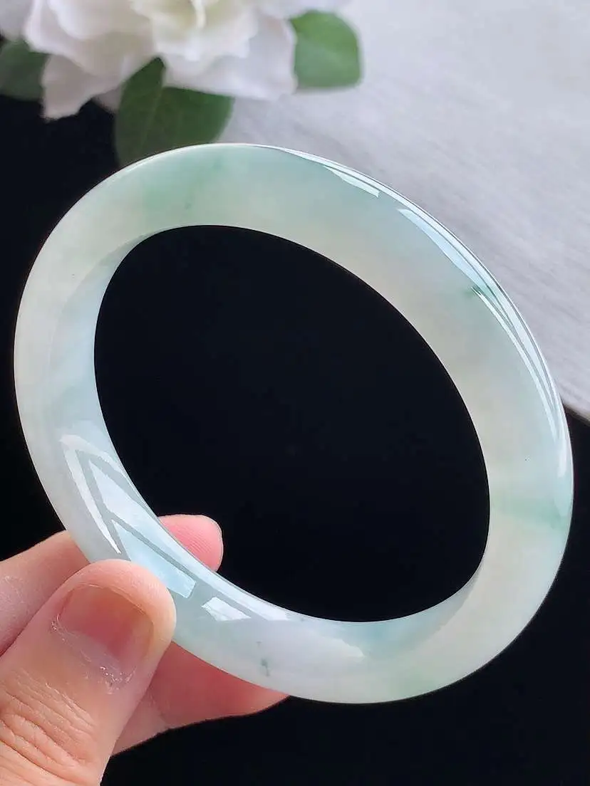 a货翡翠老坑冰种飘花正装正圈手镯58-59圈口  尺寸58.2×11.3×8.5mm 重量53.33g 0916