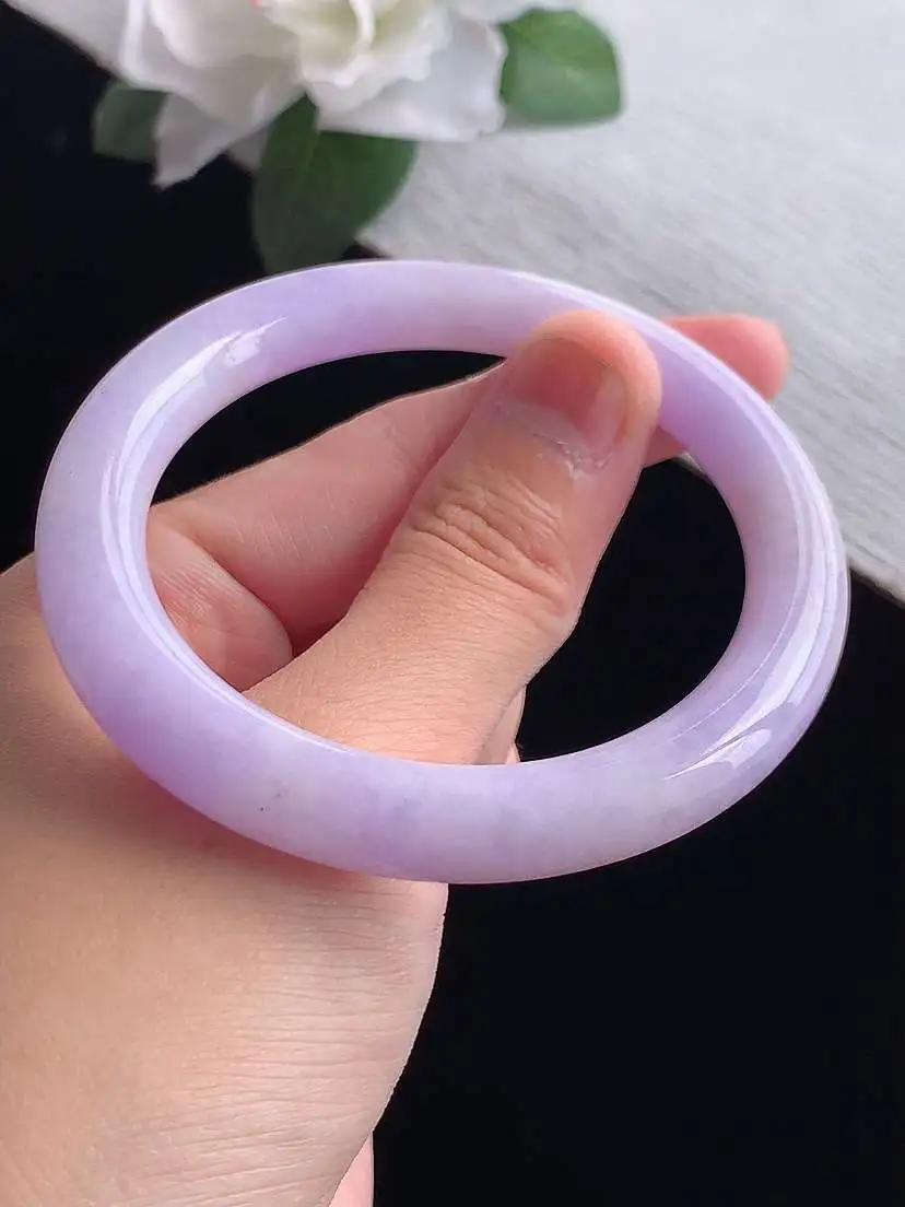 a货翡翠老坑冰润紫罗兰飘黄翡圆条手镯53-54圈口 尺寸53.5×8.8mm 重量41.46g 0916