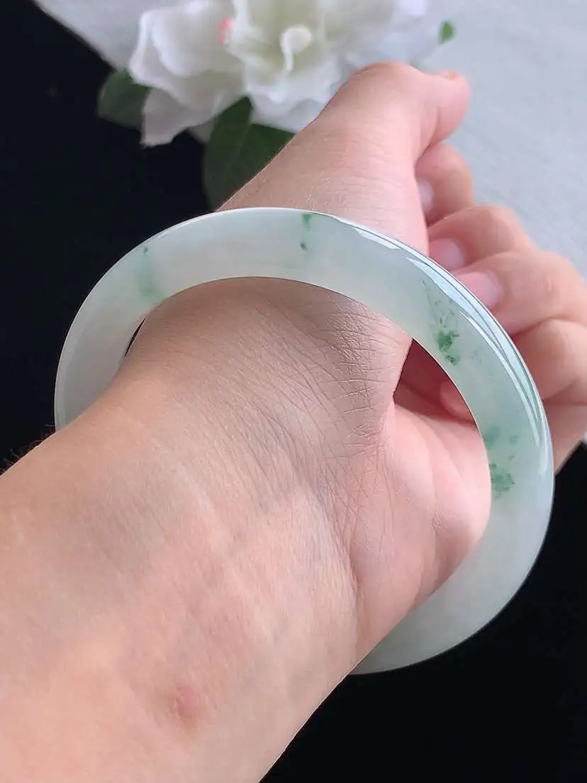a货翡翠老坑冰种飘花正装正圈手镯58-59圈口  尺寸58.2×11.3×8.5mm 重量53.33g 0916