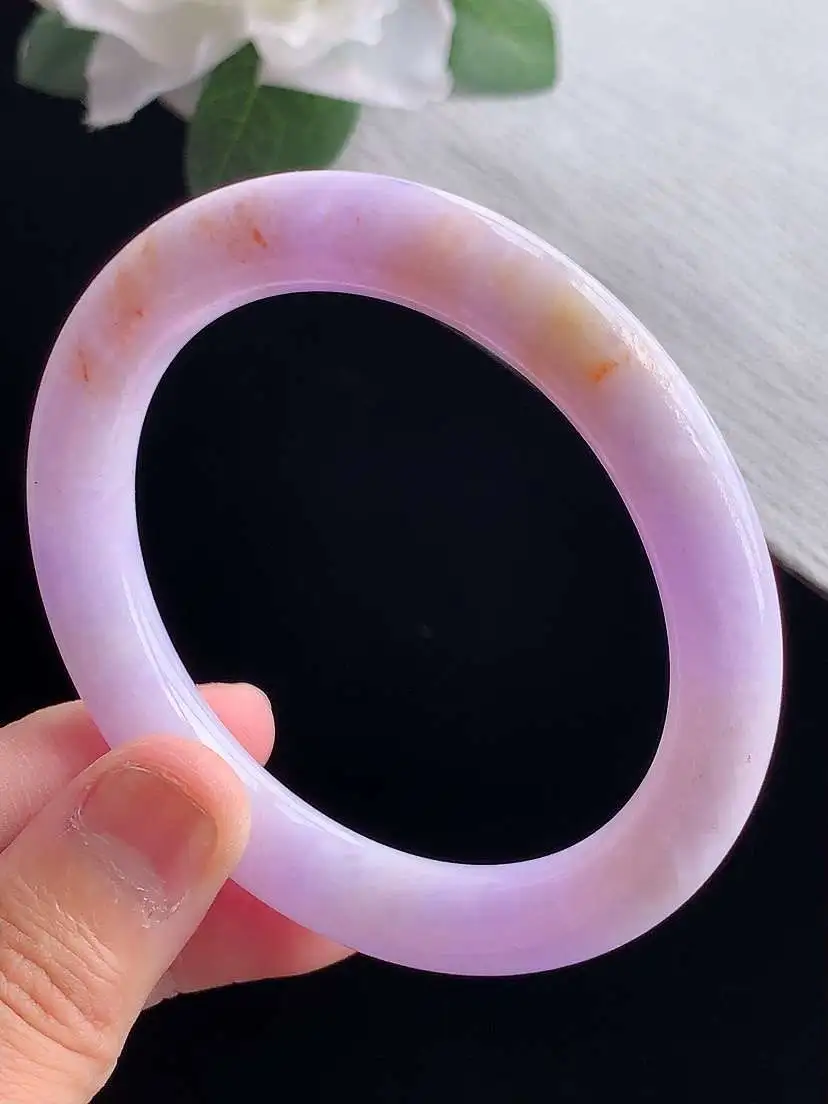 a货翡翠老坑冰润紫罗兰飘黄翡圆条手镯53-54圈口 尺寸53.5×8.8mm 重量41.46g 09