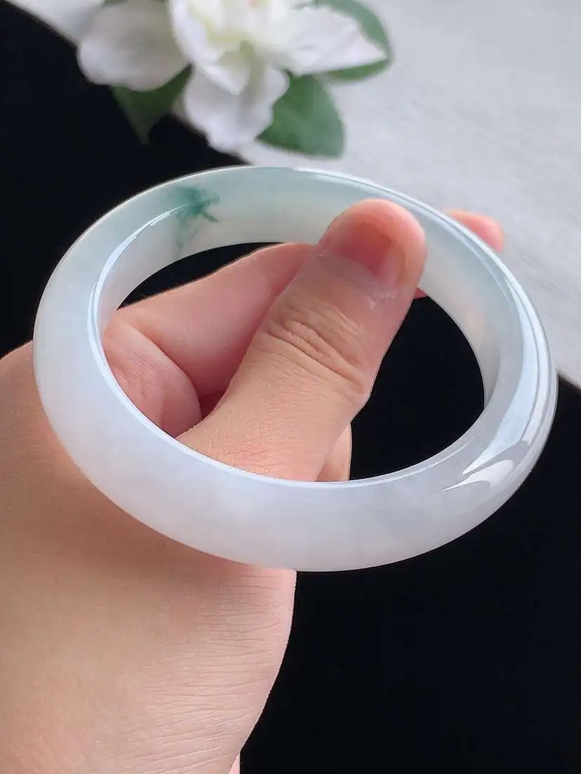a货翡翠老坑冰种飘花正装正圈手镯55-56圈口 尺寸55.5×11.7×8.6mm 重量59.78g