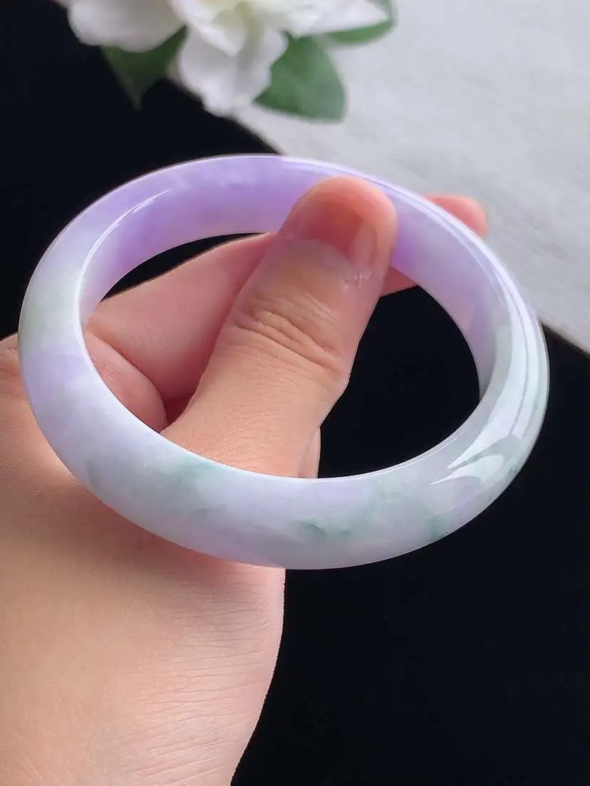 a货翡翠老坑冰种紫罗兰飘花正装正圈手镯54-55圈口  尺寸54×12×7.6mm 重量50.15g 0917