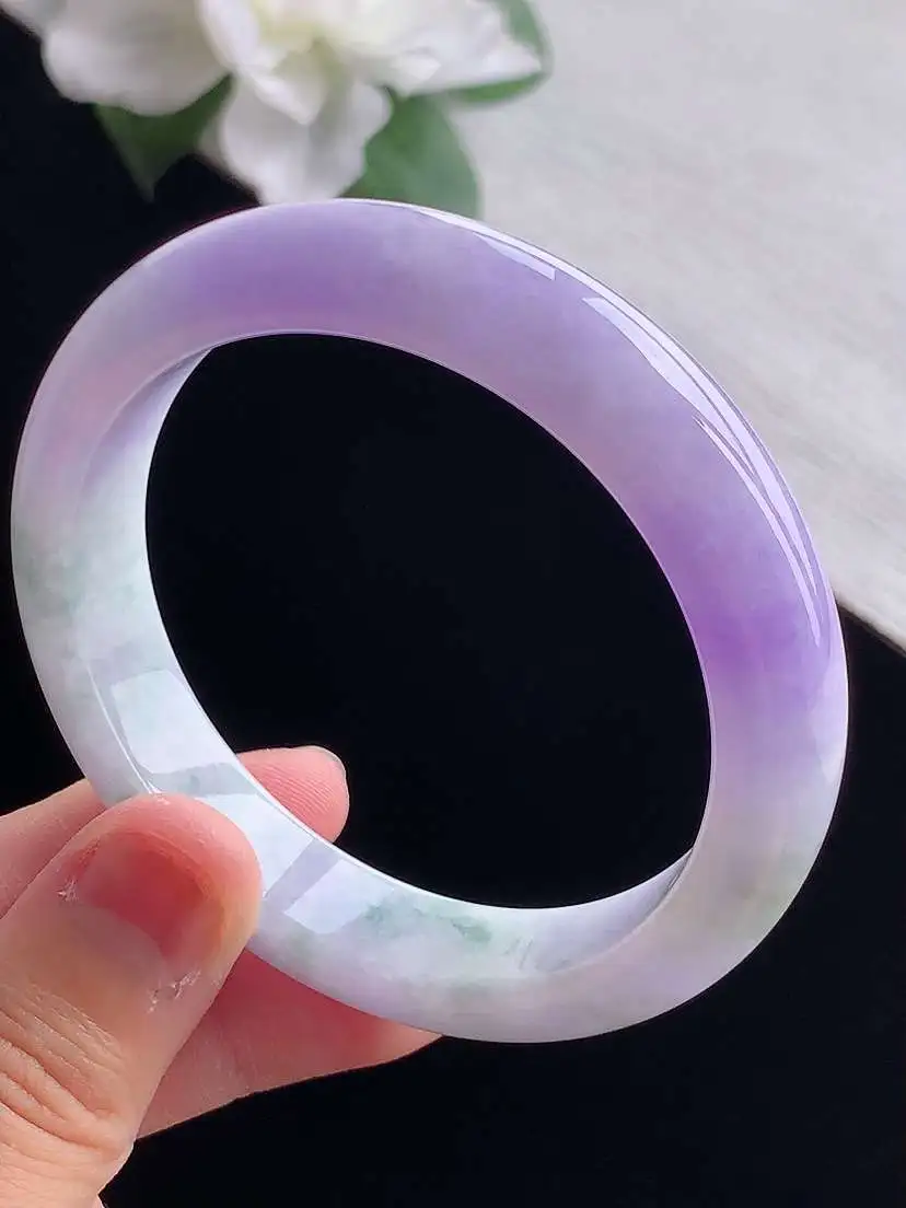 a货翡翠老坑冰种紫罗兰飘花正装正圈手镯54-55圈口  尺寸54×12×7.6mm 重量50.15g