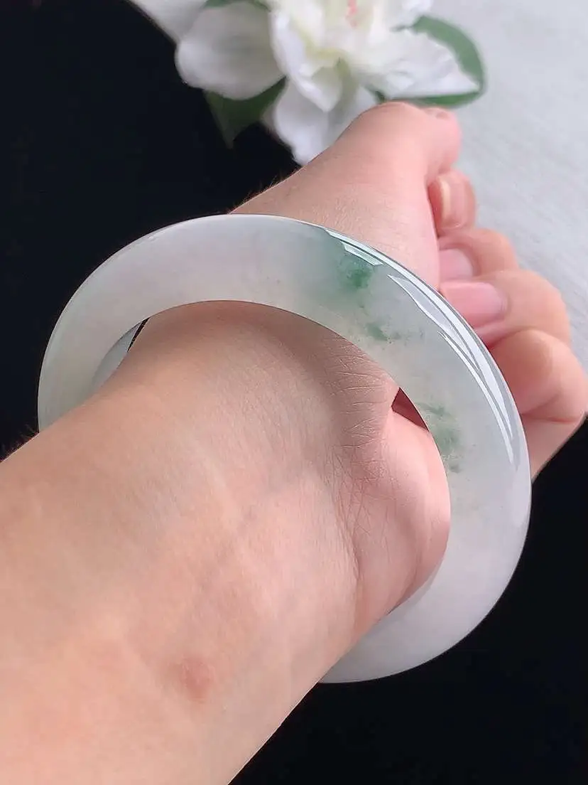 a货翡翠老坑冰种飘花厚装正装正圈手镯57-58圈口 尺寸57×13.8×9.3mm 重量78.20g 0917
