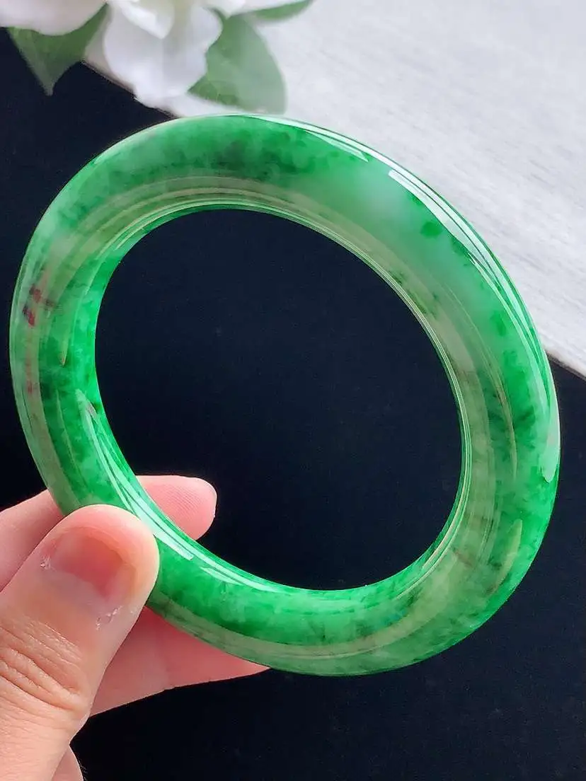 a货翡翠老坑冰种满绿圆条手镯56-57圈口  尺寸56.5×12mm 重量78.85g 0917 A83