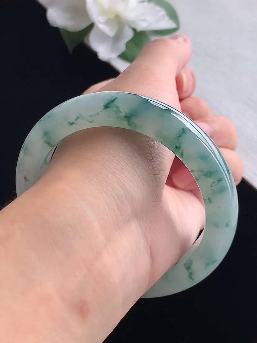 a货翡翠老坑冰种飘花正装正圈手镯59-60大圈口  尺寸59.5×12.5×9.2mm 重量75.40g 0917